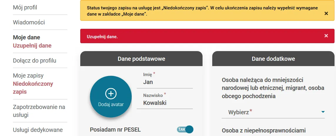 Zakładka Moje dane z komunikatem o statusie Niedokończony zapis i prośbą o uzupełnienie danych