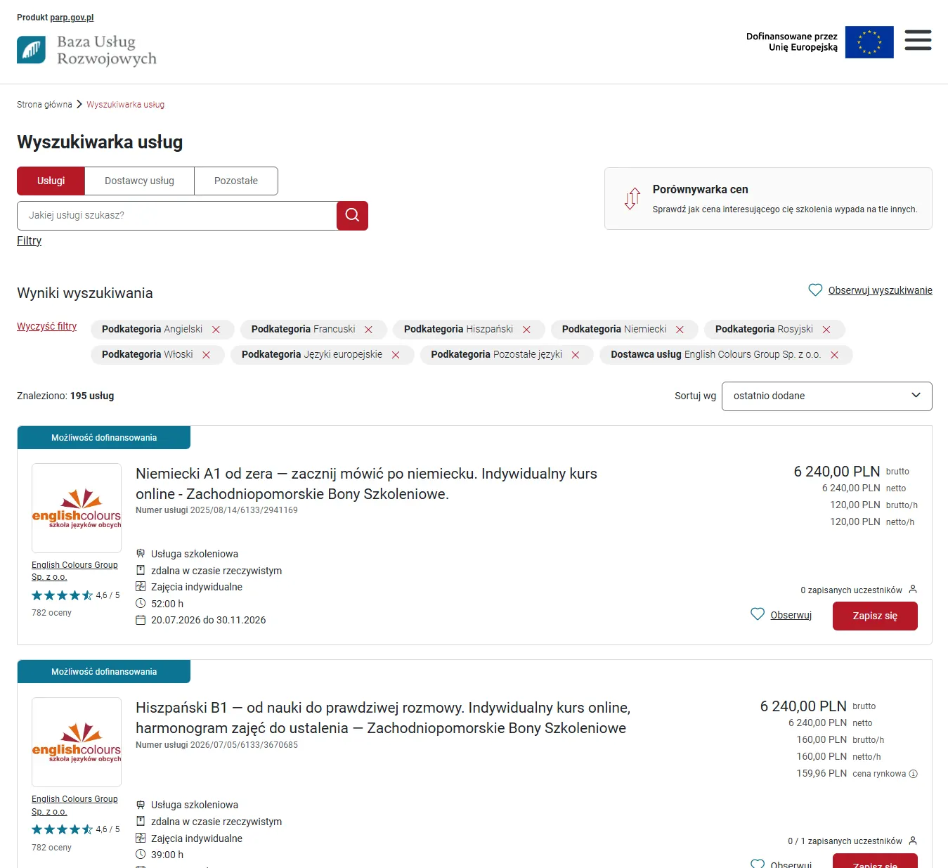 Wyniki wyszukiwania w BUR - kursy językowe English Colours z przyciskiem Zapisz się przy każdej usłudze
